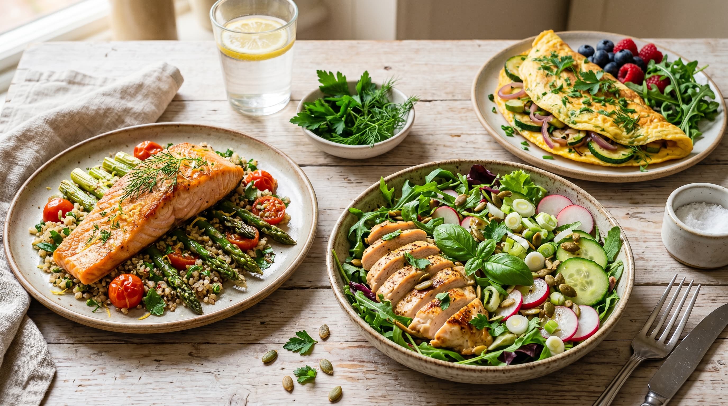 Featured image for "7-Day Low Histamine Meal Plan for Beginners": A beautifully arranged, fresh and vibrant low-histamine meal spread on a light wooden table, feat...