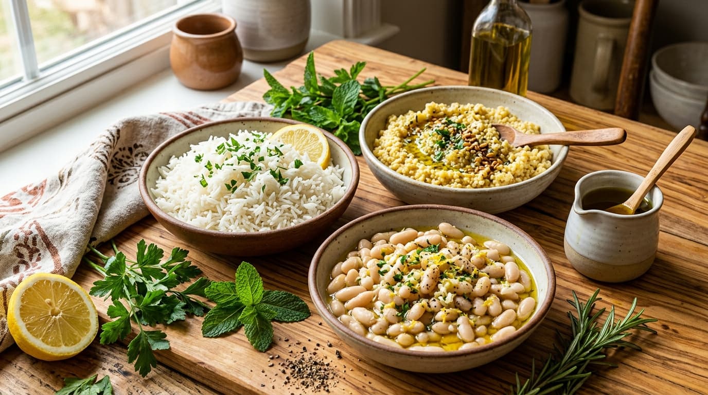 Featured image for "Mediterranean Grains & Legumes: Low Sulfur Alternatives for Your Favorite Dishes": A vibrant and inviting editorial header photo featuring a rustic wooden table spread with various...