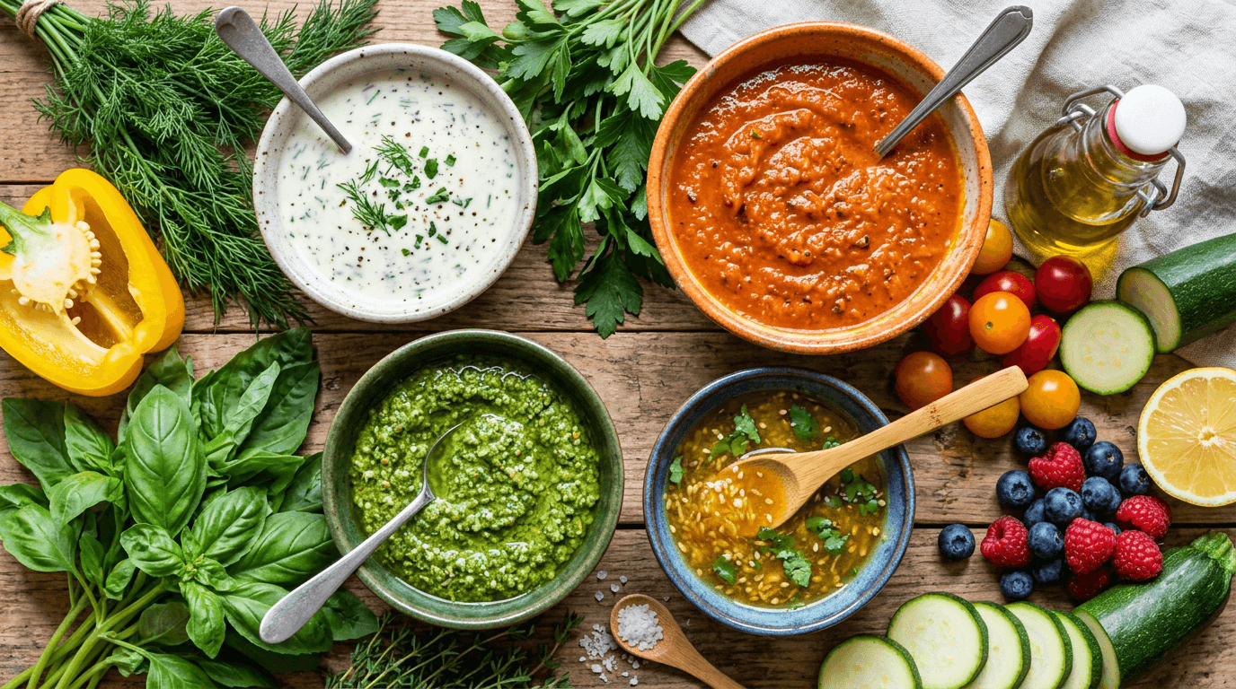 Featured image for "Sauce Savvy: Delicious Low Histamine Alternatives for Your Favorite Condiments and Dressings": A bright, inviting flat lay of various homemade low histamine sauces in small bowls – a creamy he...
