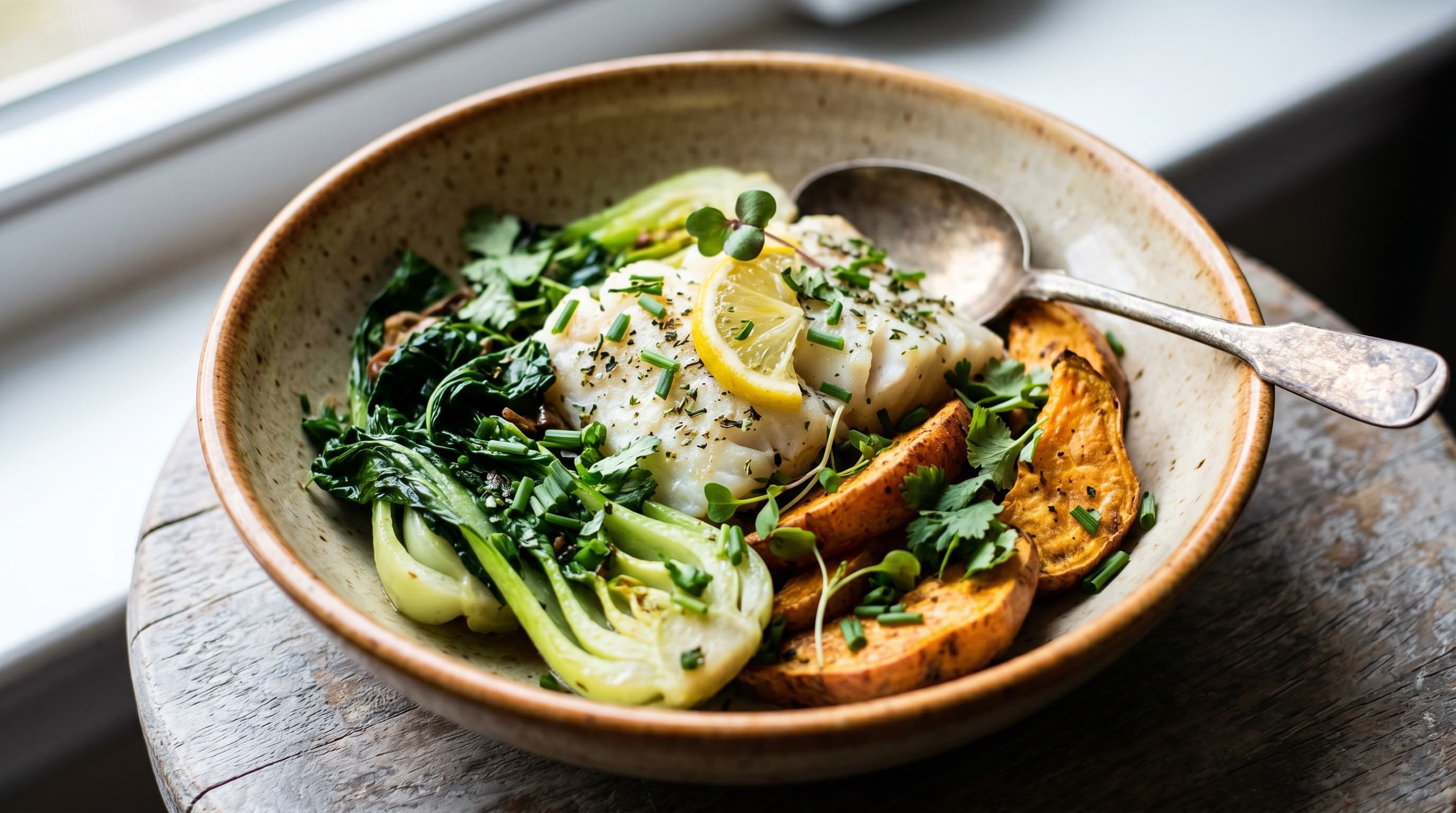 Featured image for "Gentle Cooking: Techniques To Minimize Histamine In Your Meals": A warm and inviting kitchen scene with fresh, colorful ingredients like bok choy, fresh fish, swe...