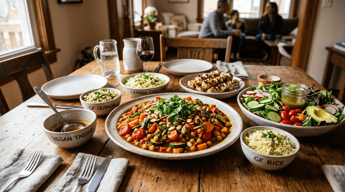 Featured image for "Harmonious Kitchen: How to Cook One Delicious Meal for Multiple Dietary Needs": A vibrant, inviting dinner table scene with diverse dishes, suggesting a communal, inclusive meal