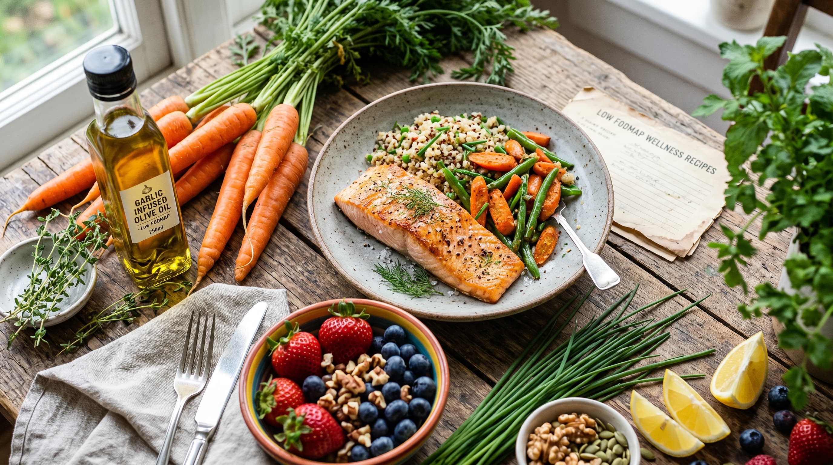 Featured image for "The Ultimate Guide to the Low FODMAP Diet for Digestive Wellness": A bright and airy flat lay of beautiful low FODMAP ingredients on a rustic wooden table