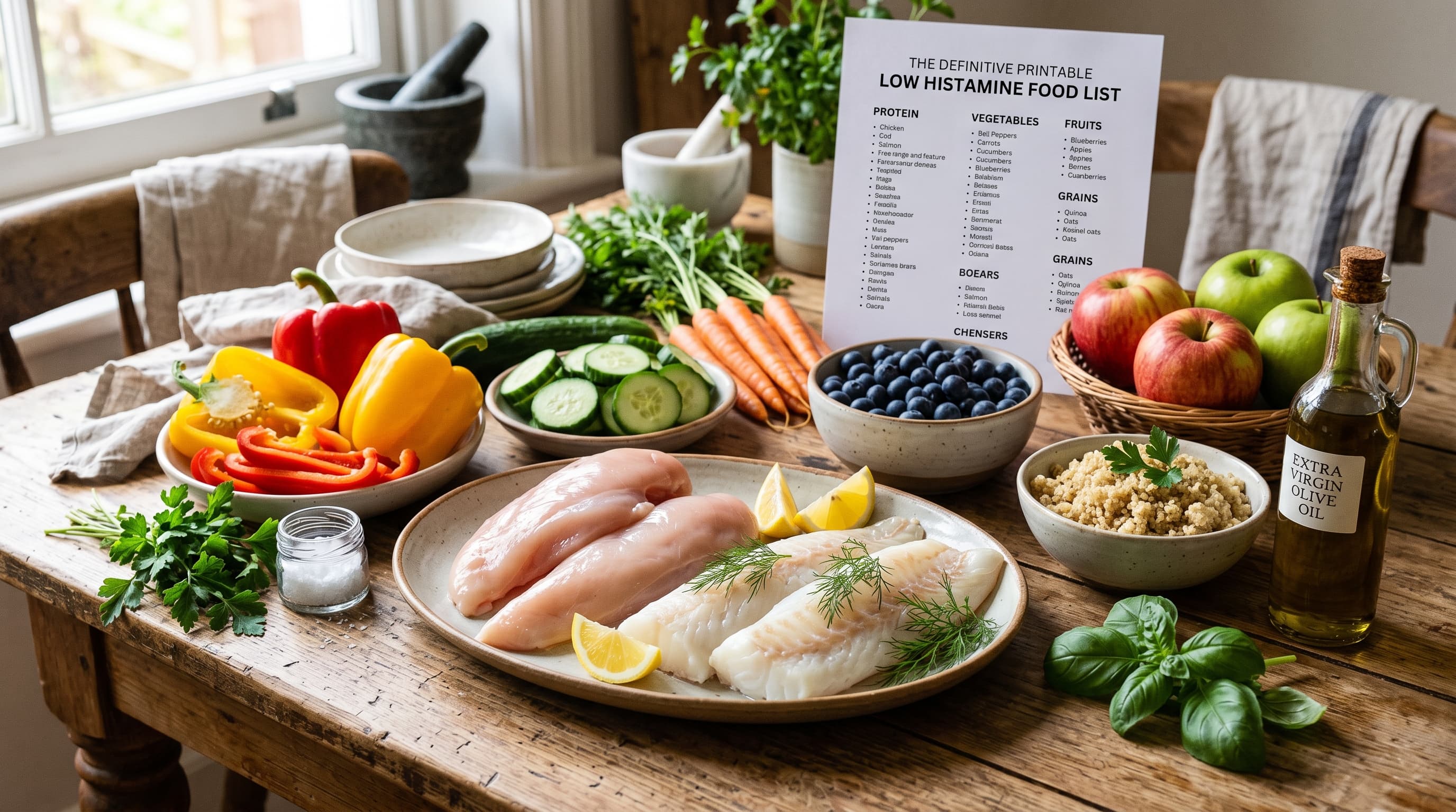 Featured image for "The Definitive Printable Low Histamine Food List": A vibrant, fresh spread of low-histamine foods on a rustic wooden table