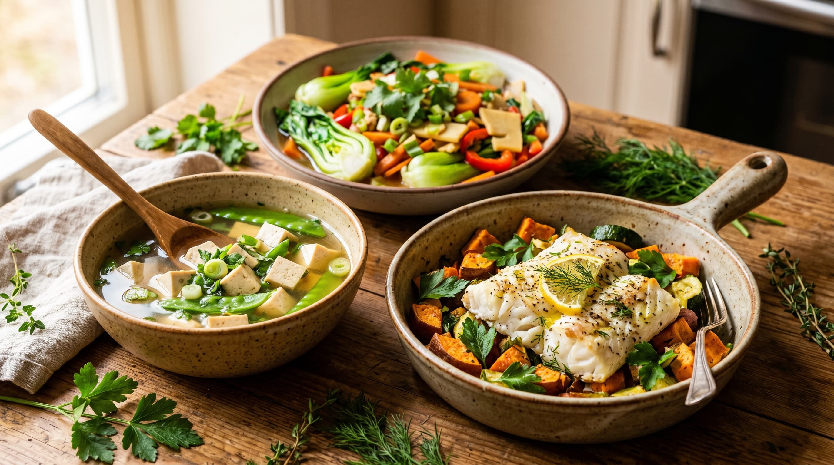 Featured image for "High Histamine Foods to Avoid and Their Low Histamine Alternatives": A vibrant and comforting spread of fresh, low-histamine ingredients: a pan of freshly roasted whi...