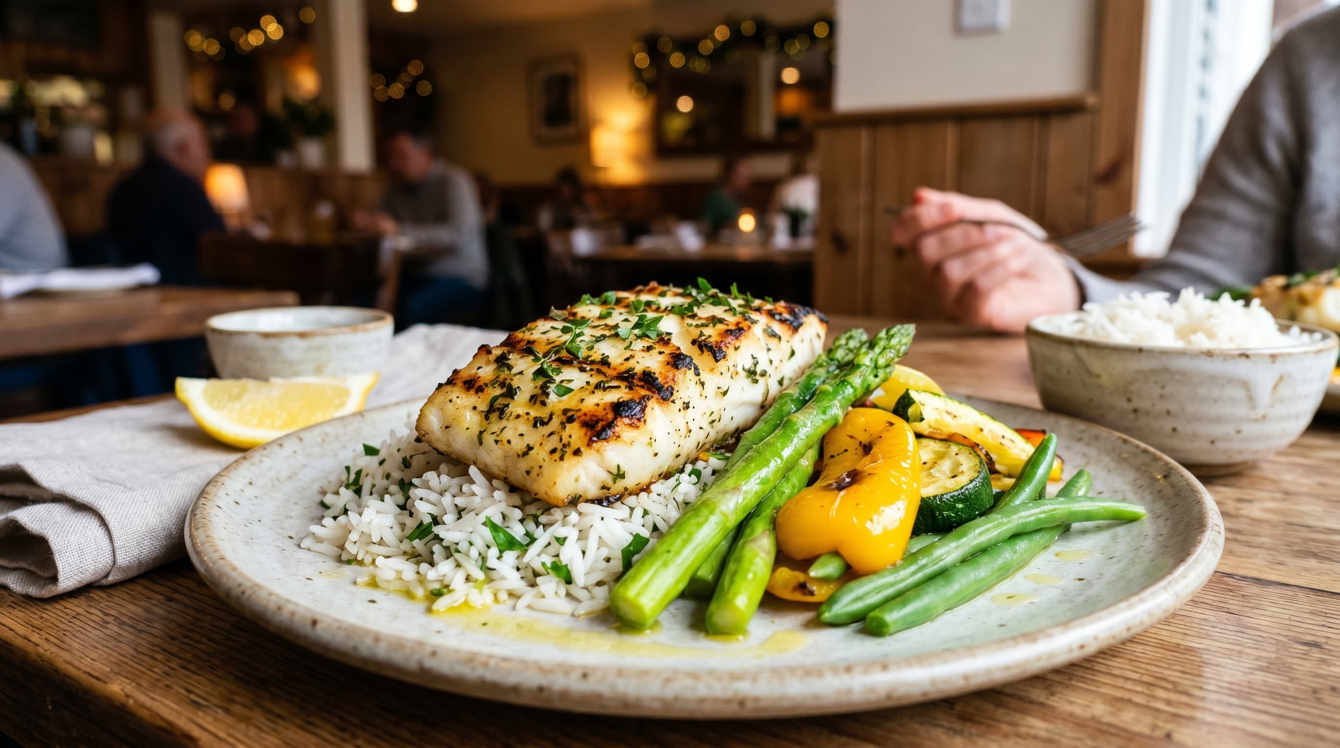 Featured image for "Navigating Restaurants: A GentleFeast Guide To Dining Out With Histamine Intolerance": A beautifully plated, fresh, low-histamine meal (like grilled fish with steamed vegetables and ri...