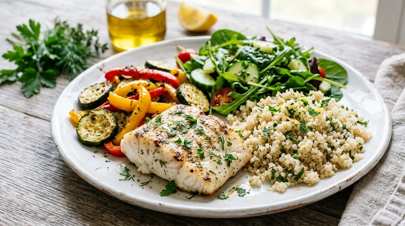 Featured image for "Mediterranean Diet, Low Histamine Style: Adapting Classic Recipes for Tolerance & Taste": A vibrant, freshly prepared low-histamine Mediterranean meal featuring grilled white fish, roaste...