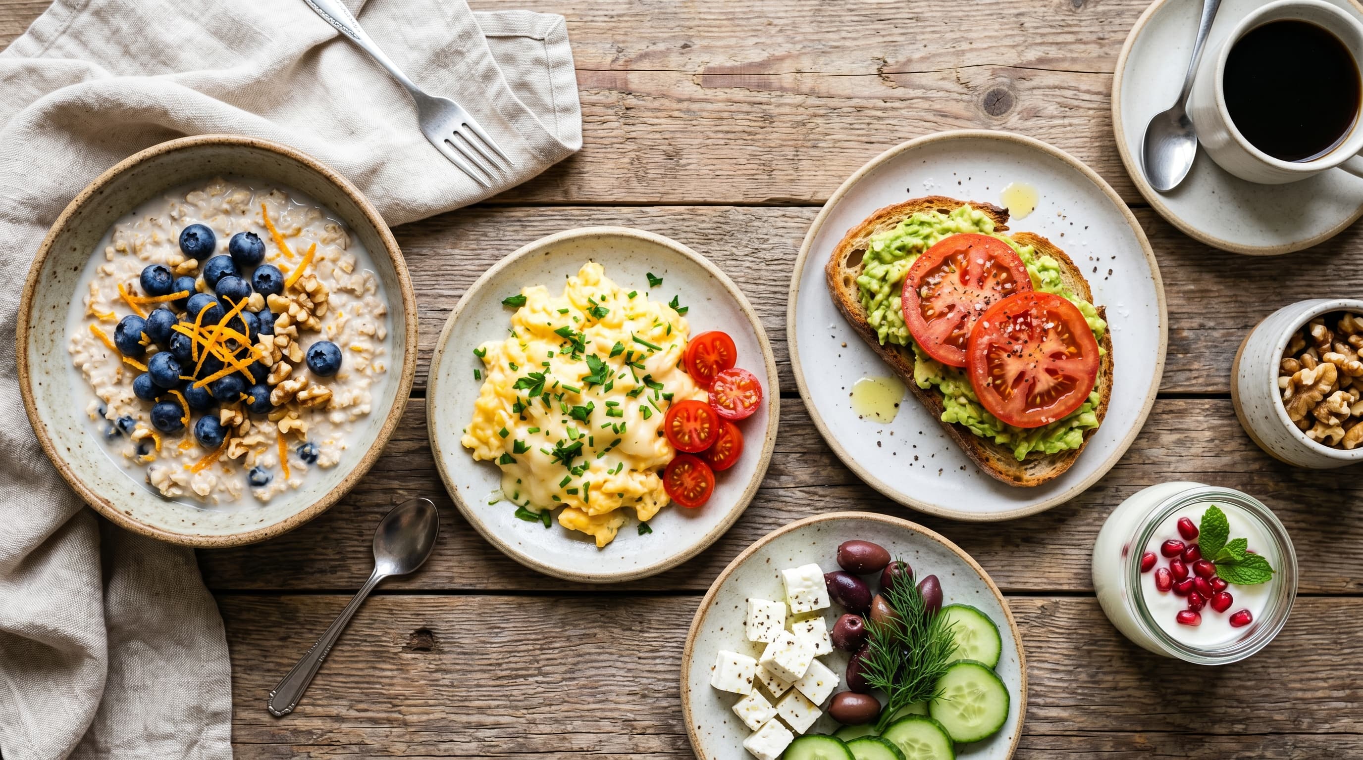 Featured image for "Rise & Shine: 10 Gut-Friendly Low FODMAP Mediterranean Breakfasts to Start Your Day Right": A vibrant, inviting flat lay of various low FODMAP Mediterranean breakfast dishes on a rustic woo...