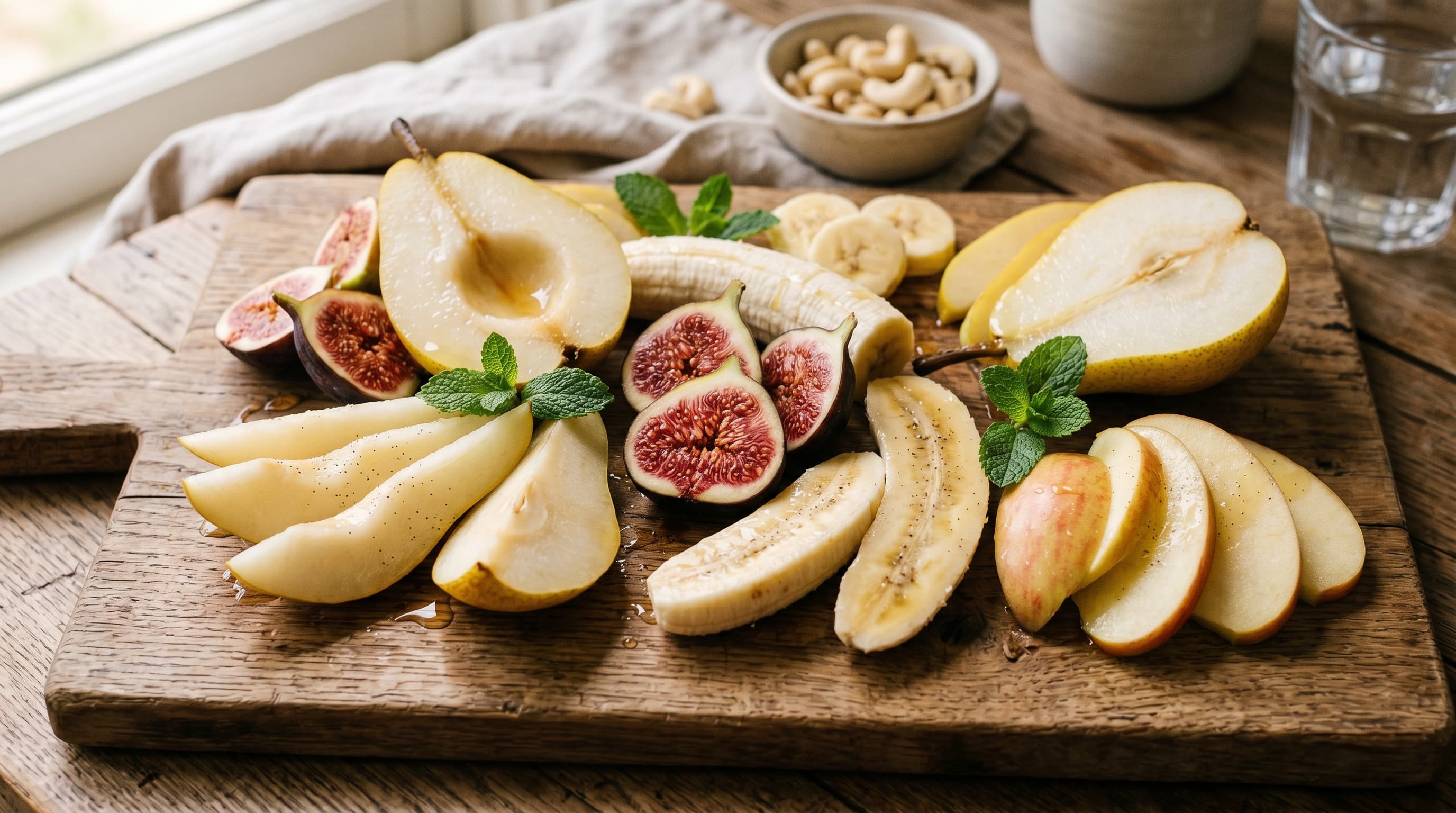 Featured image for "Sweet & Safe: Delicious Low Salicylate Fruit Swaps for Every Craving": A beautifully arranged selection of low salicylate fruits like peeled pears, ripe bananas, fresh ...