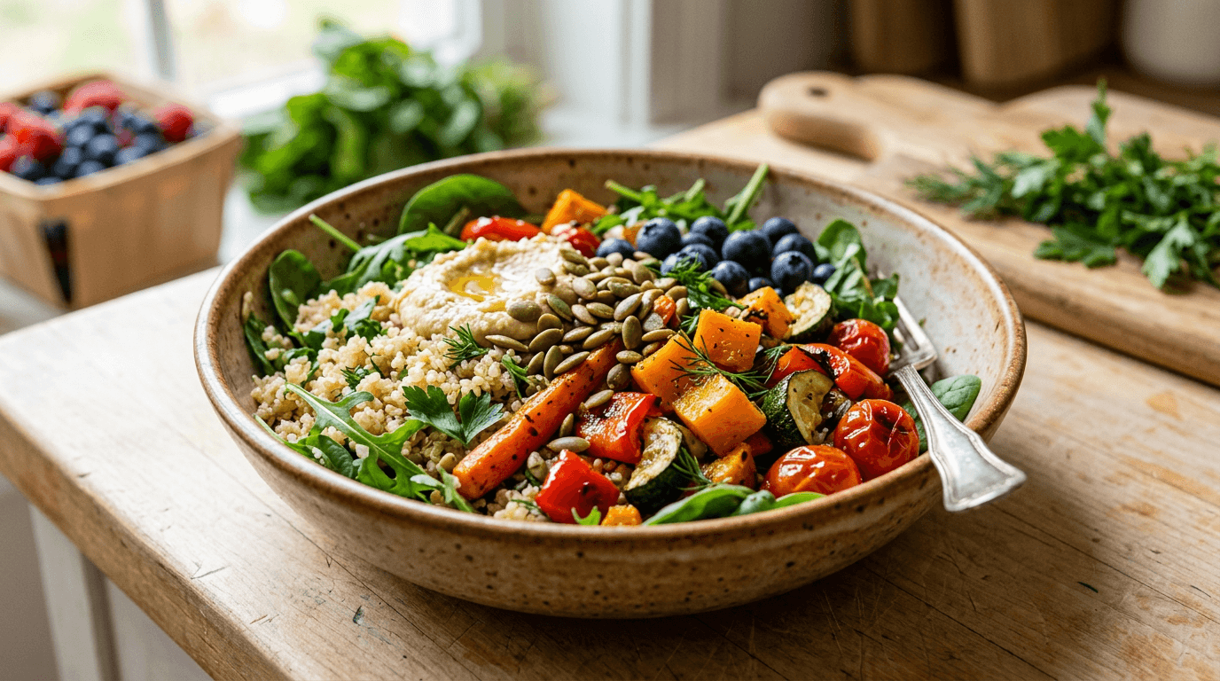 Featured image for "Beyond Elimination: Your Step-by-Step Guide to Successful FODMAP Reintroduction": A vibrant, inviting kitchen counter filled with a diverse array of fresh fruits, vegetables, grai...