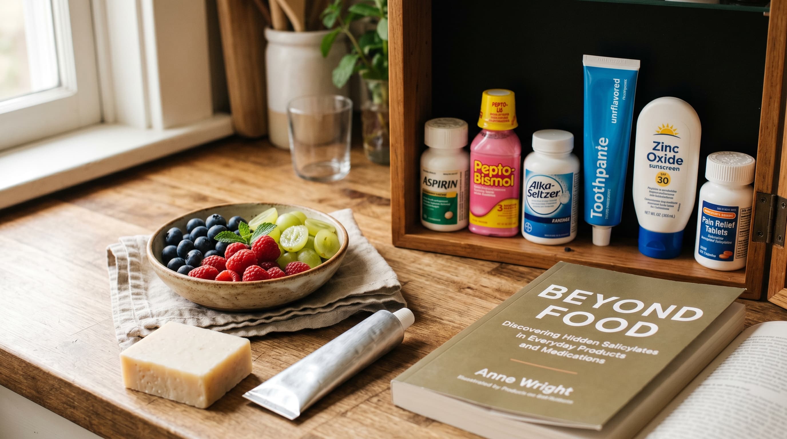 Featured image for "Beyond Food: Discovering Hidden Salicylates in Everyday Products and Medications": A warm, inviting flat lay scene showing an open medicine cabinet and a few personal care products...