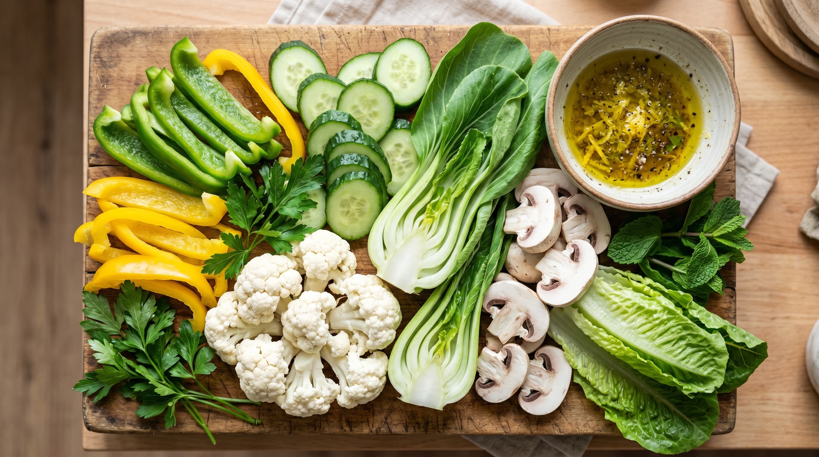 Featured image for "Your Essential Guide to Low Oxalate Vegetables: Smart Choices for Every Meal": A vibrant and colorful overhead shot of a wooden cutting board filled with a variety of fresh, lo...