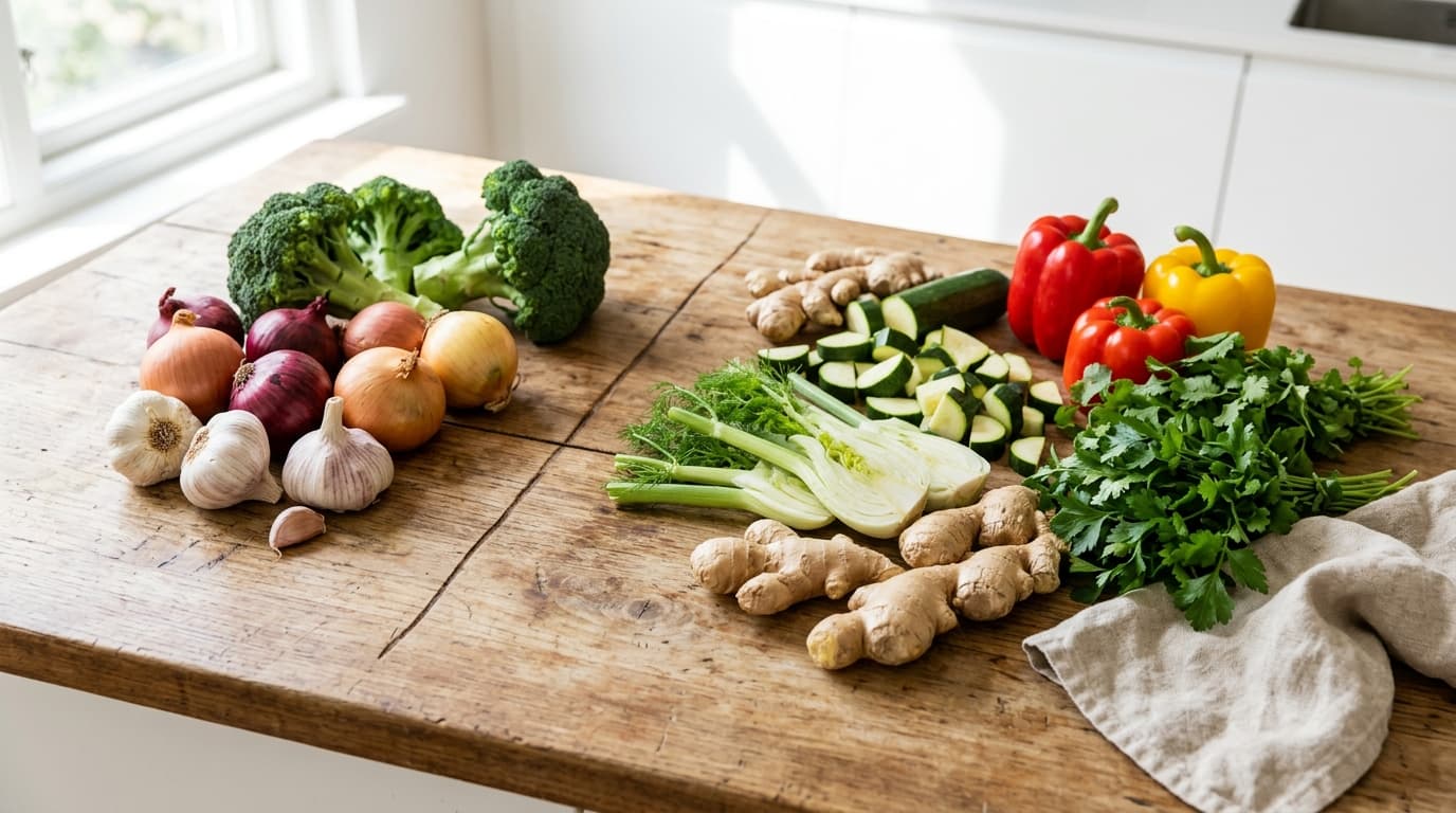 Featured image for "The Low Sulfur Pantry: Your Essential Pillar Guide to Smart Ingredient Swaps for Flavorful Cooking": A bright, airy top-down shot of a kitchen counter