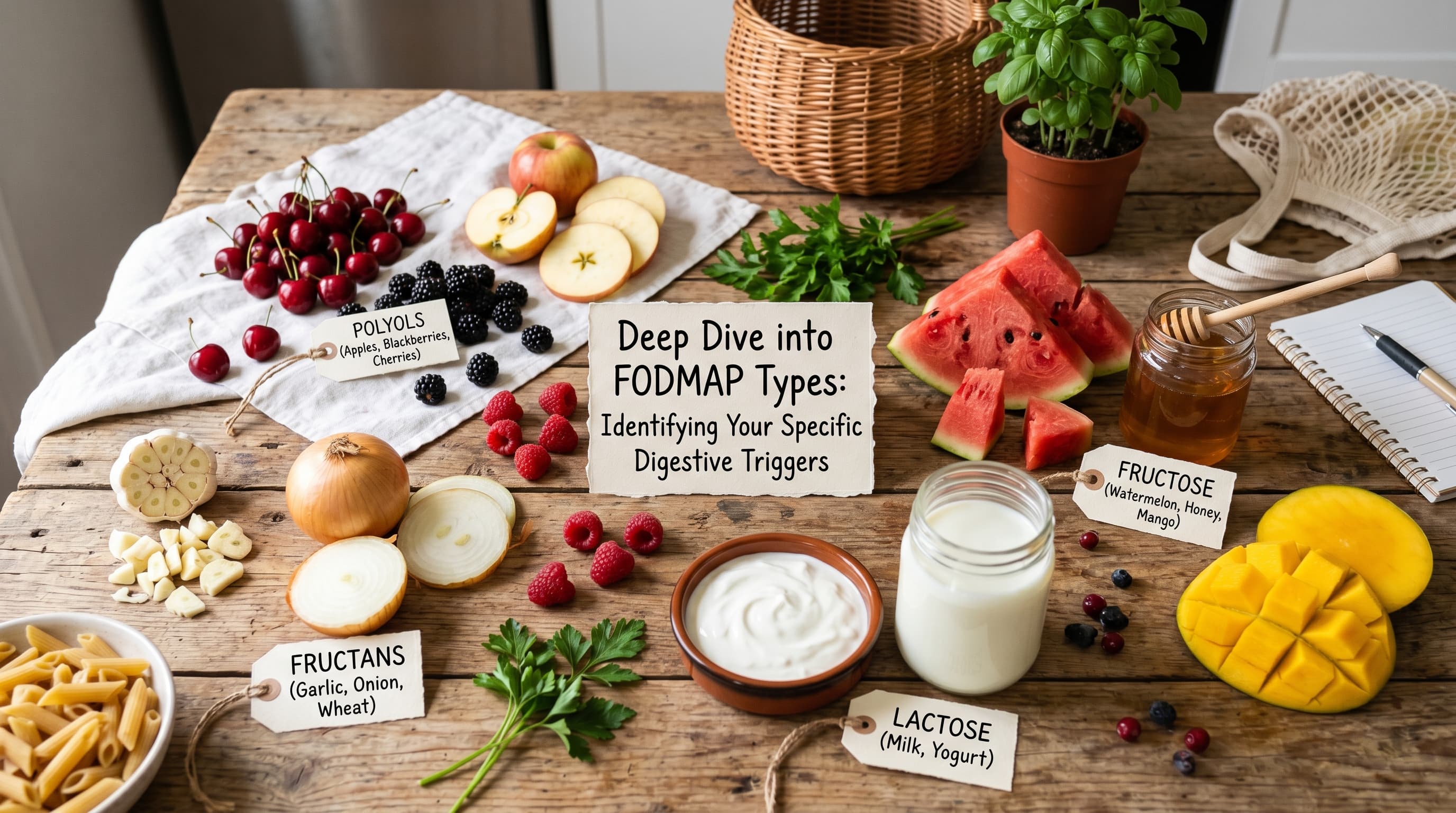 Featured image for "Deep Dive into FODMAP Types: Identifying Your Specific Digestive Triggers": A vibrant, colorful flat lay of various fresh fruits and vegetables, some scattered, some grouped...