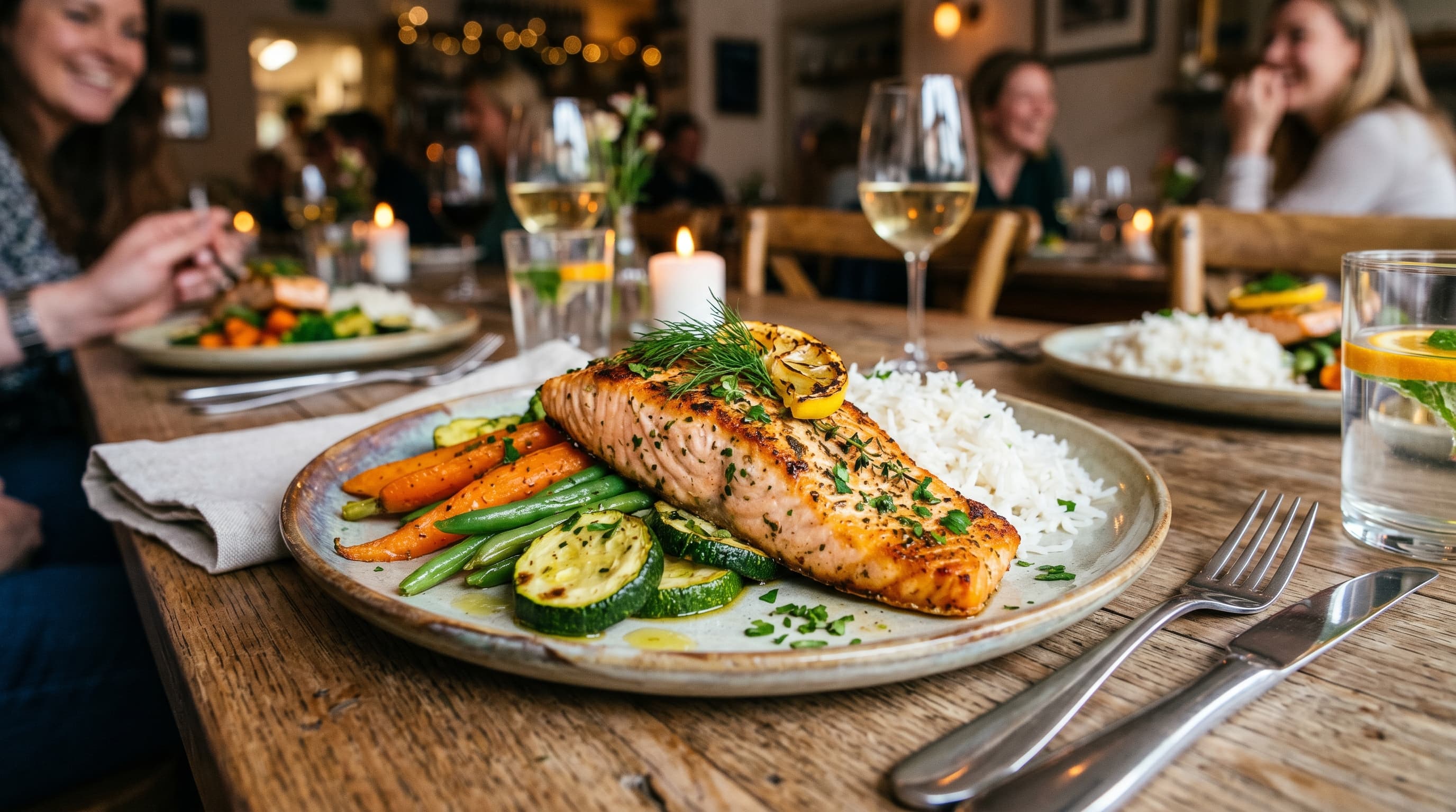 Featured image for "Dining Out with Confidence: Your Guide to a Low FODMAP Restaurant Experience": A vibrant, inviting image of a beautifully plated, low FODMAP meal at a restaurant, with a subtle...