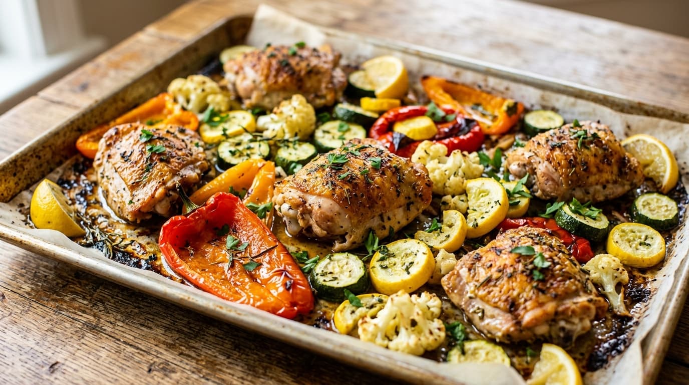 Featured image for "Effortless Eats: Mastering One-Pan Low Oxalate Dinners for Busy Lives": A vibrant, colorful sheet pan dinner featuring roasted chicken and an assortment of low oxalate v...