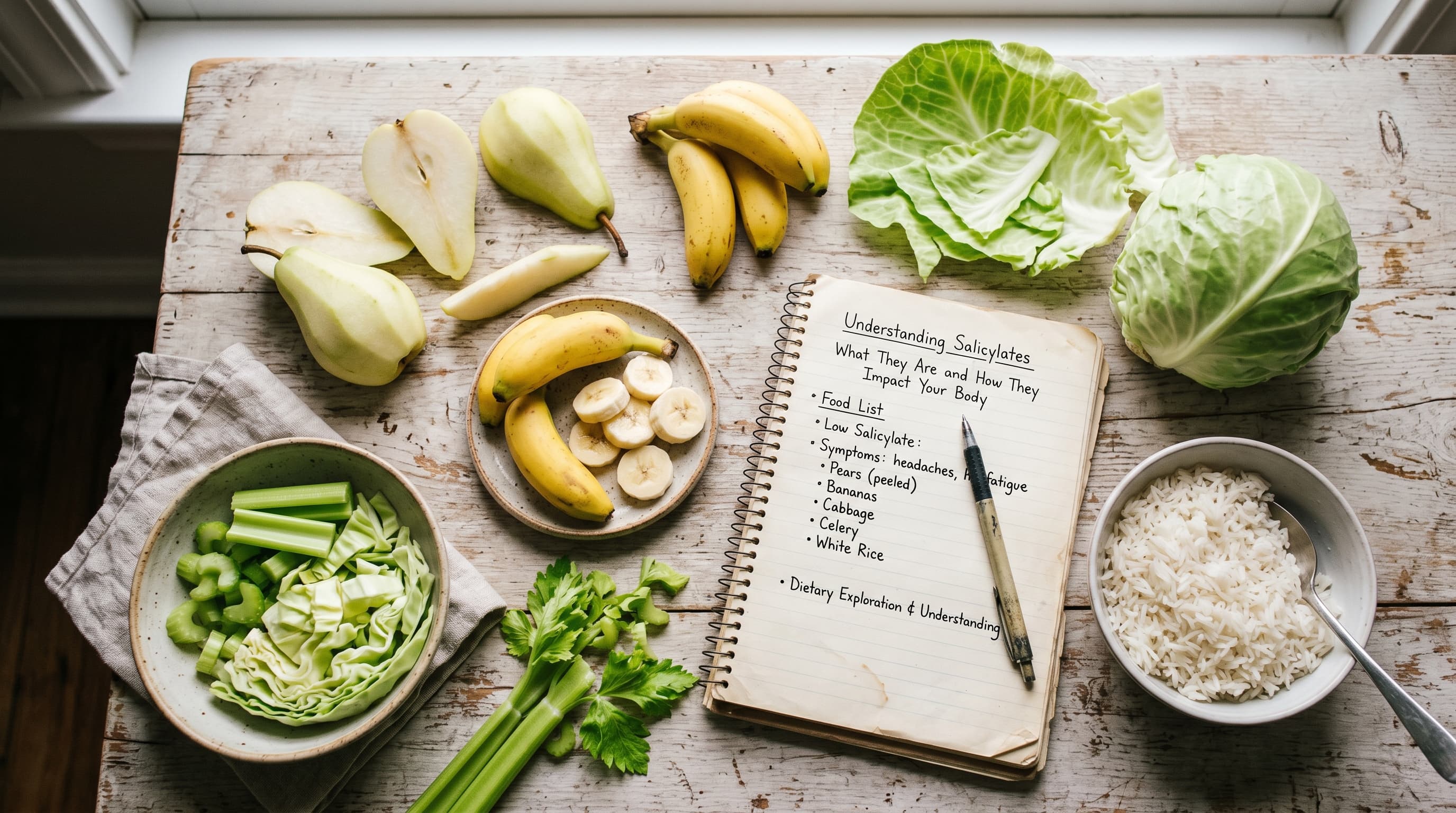 Featured image for "Understanding Salicylates: What They Are and How They Impact Your Body": A vibrant, yet gentle, flat lay of various low-salicylate foods like peeled pears, bananas, cabba...