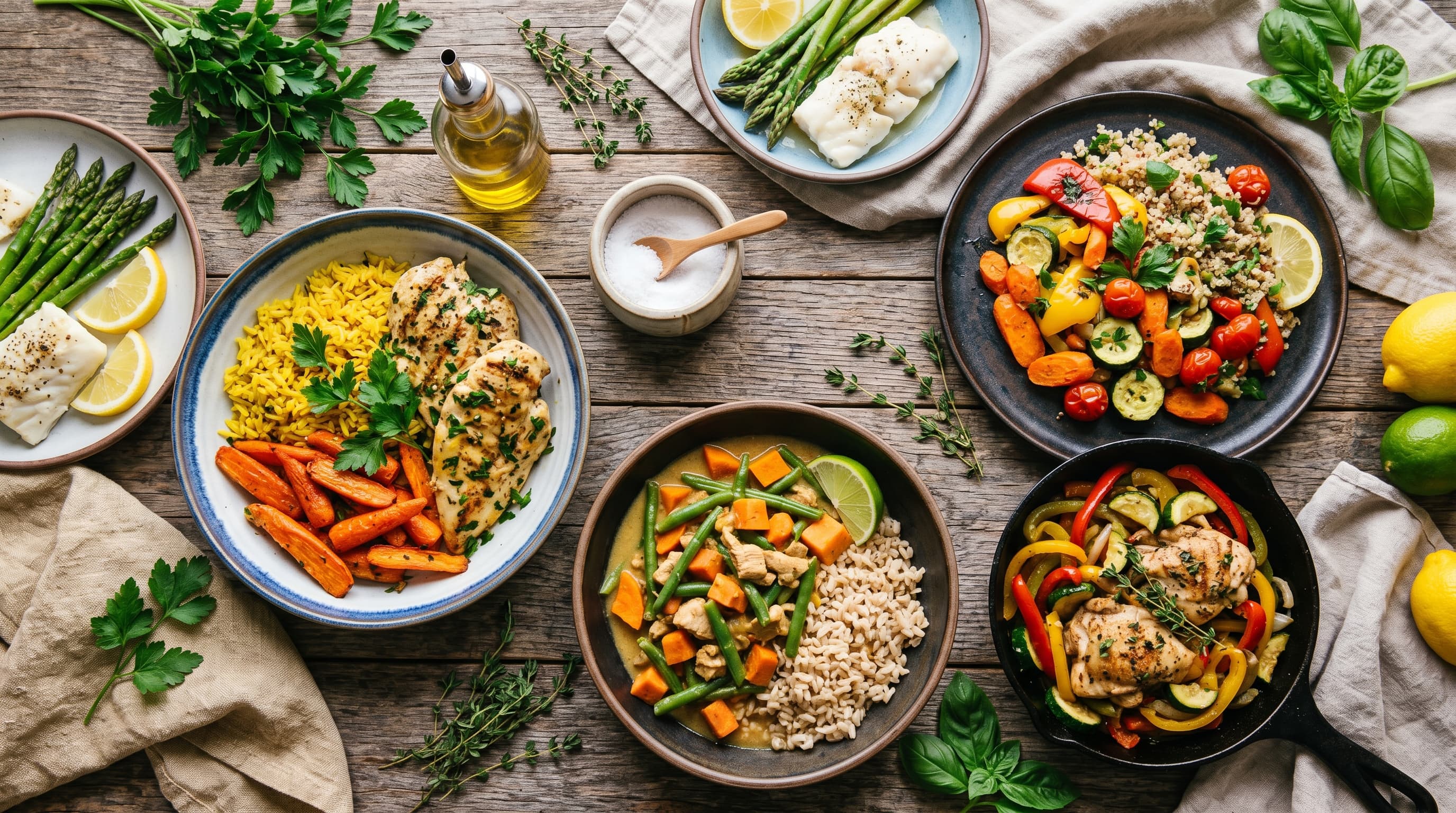 Featured image for "Flavor in a Flash: 10 Quick & Easy Low Sulfur Dinners for Busy Weeknights": A vibrant, appetizing flat lay of various quick and easy low-sulfur dinner dishes, such as grille...