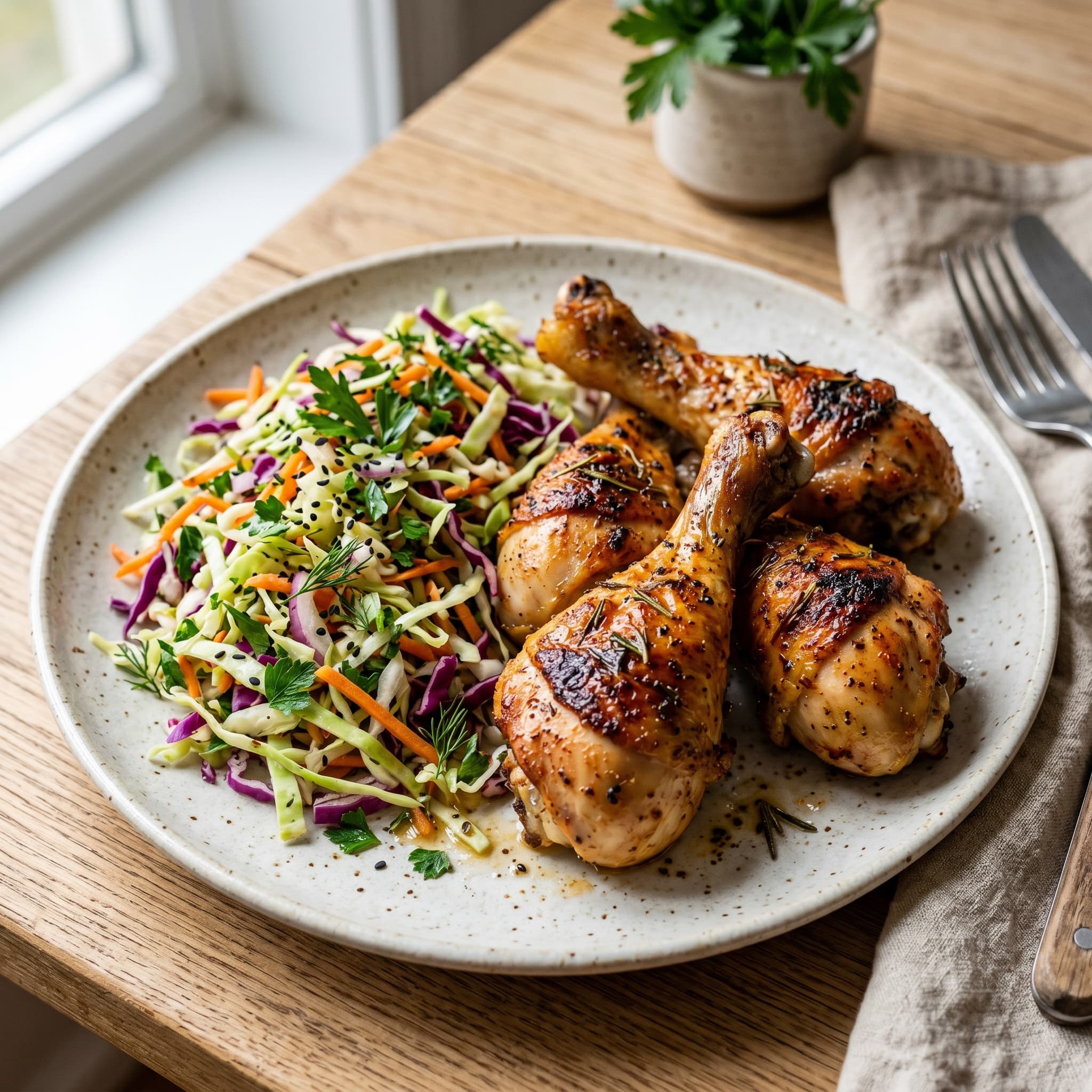 Baked Chicken Drumsticks with Fresh Cabbage Slaw
