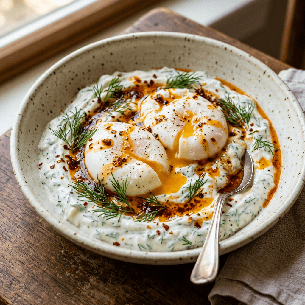 Low-Oxalate Cilbir: Turkish Poached Eggs with Creamy Dill Base