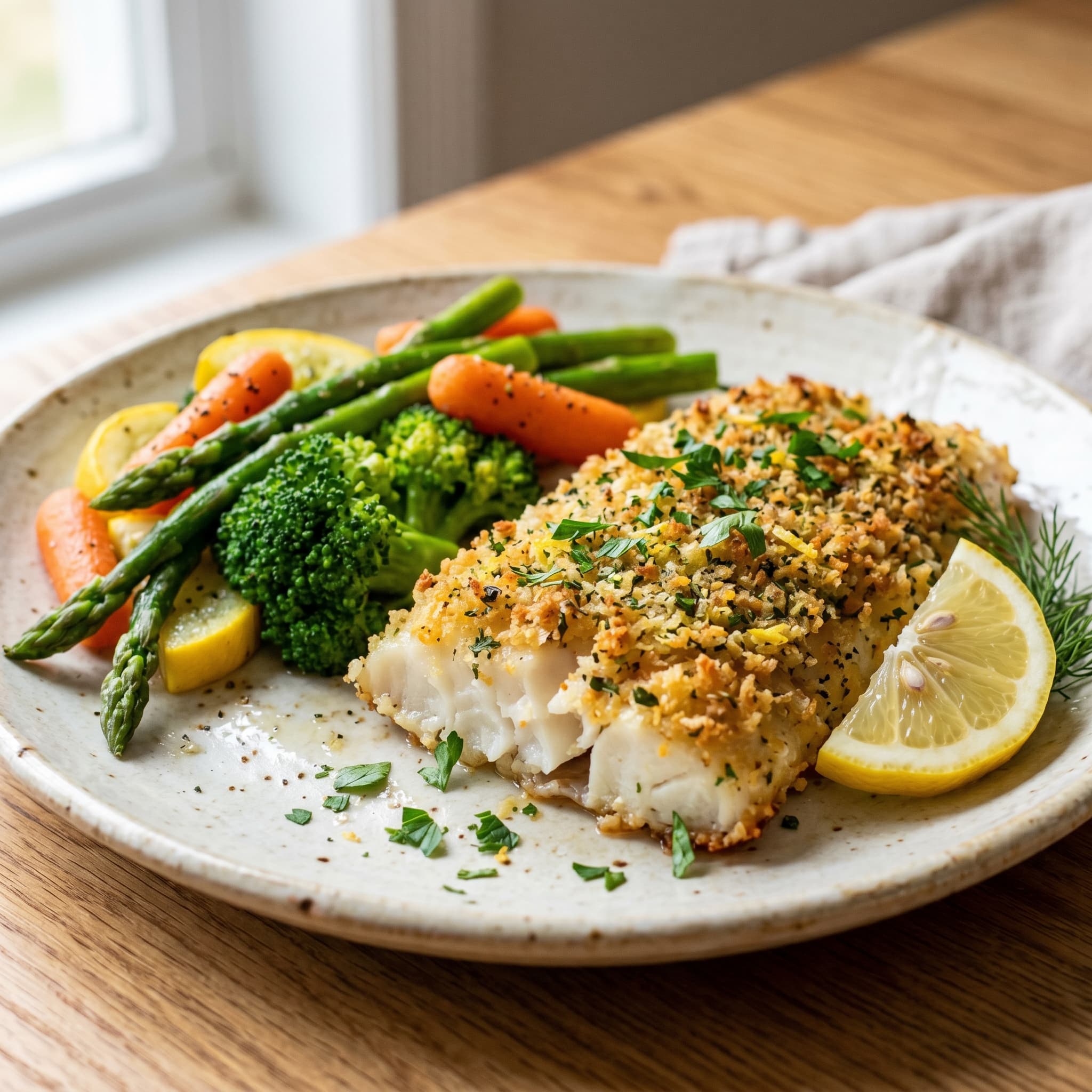 Crispy Baked Haddock with Wholesome Steamed Vegetables