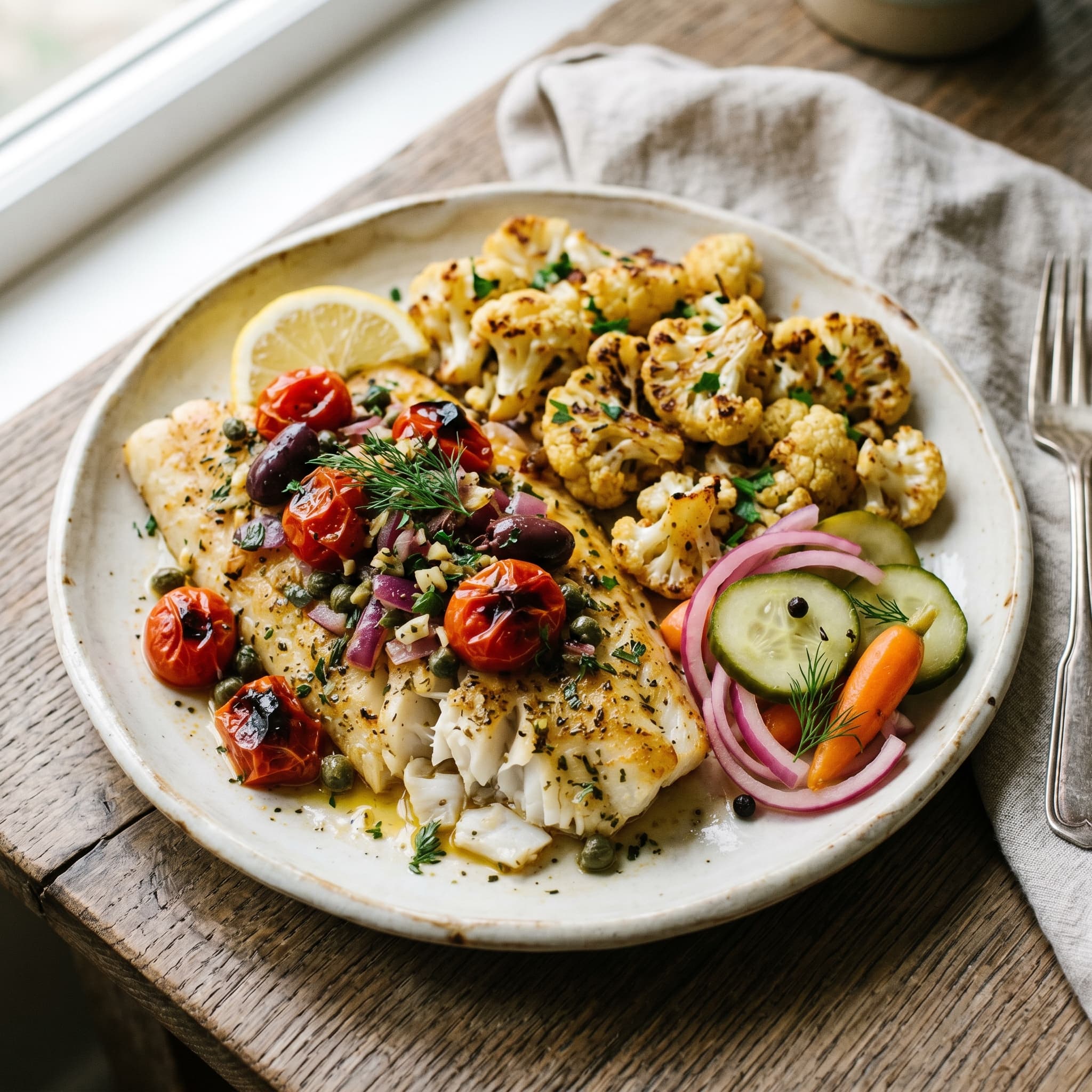 Mediterranean Baked Haddock with Roasted Cauliflower & Tangy Pickles