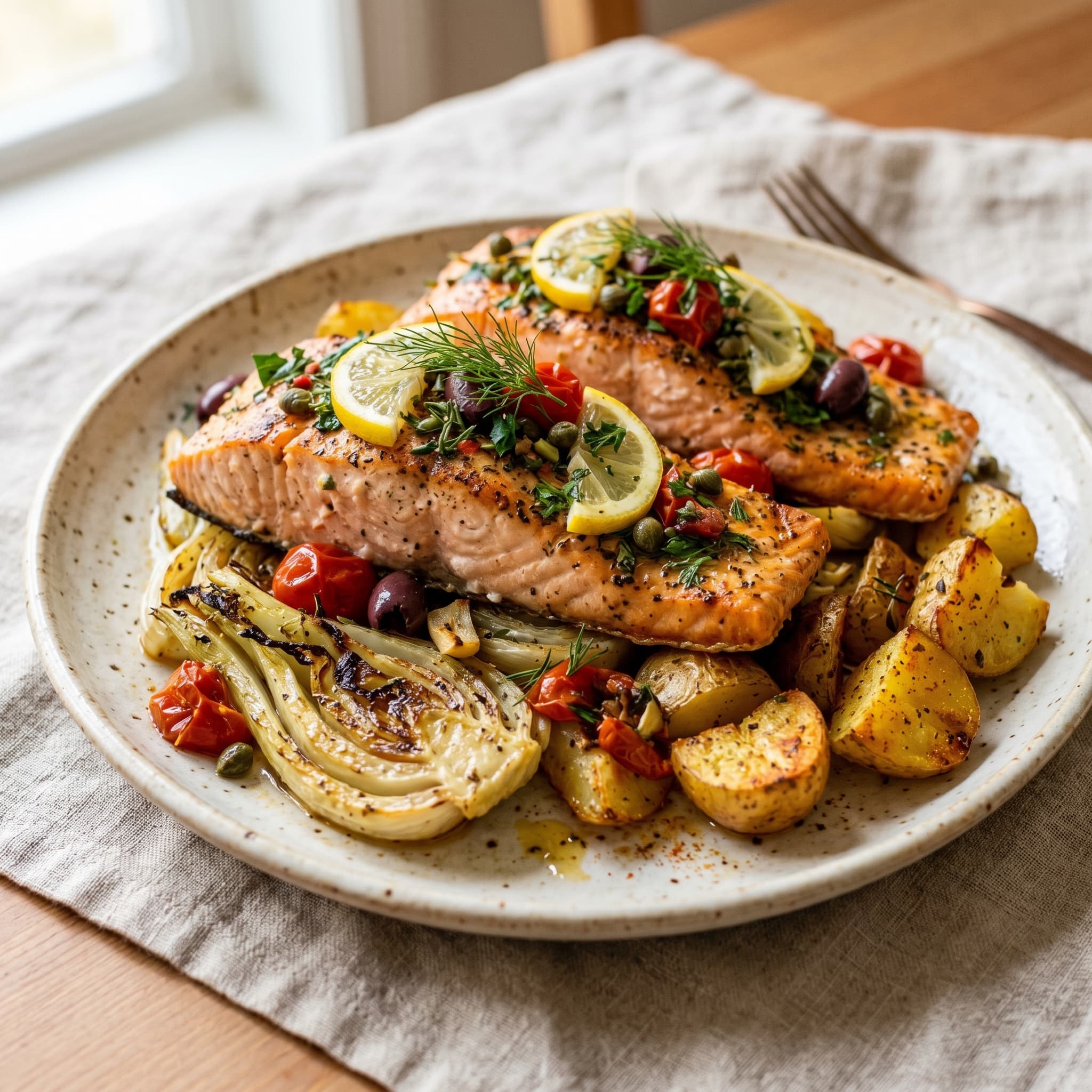 Mediterranean Salmon with Roasted Fennel & Potatoes