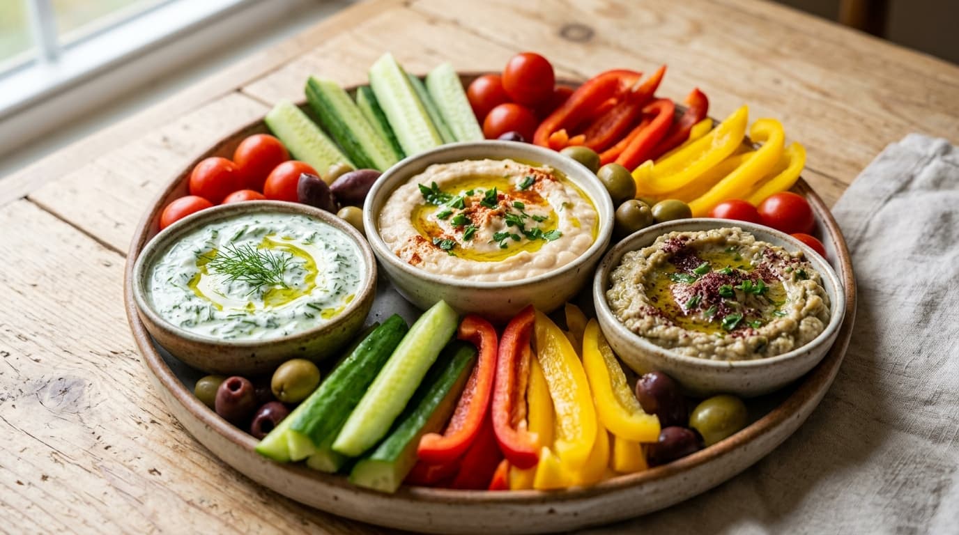 Featured image for "Flavorful Foundations: Low Sulfur Mediterranean Sauces and Dips": A beautifully arranged Mediterranean mezze platter featuring colorful low-sulfur dips and sauces