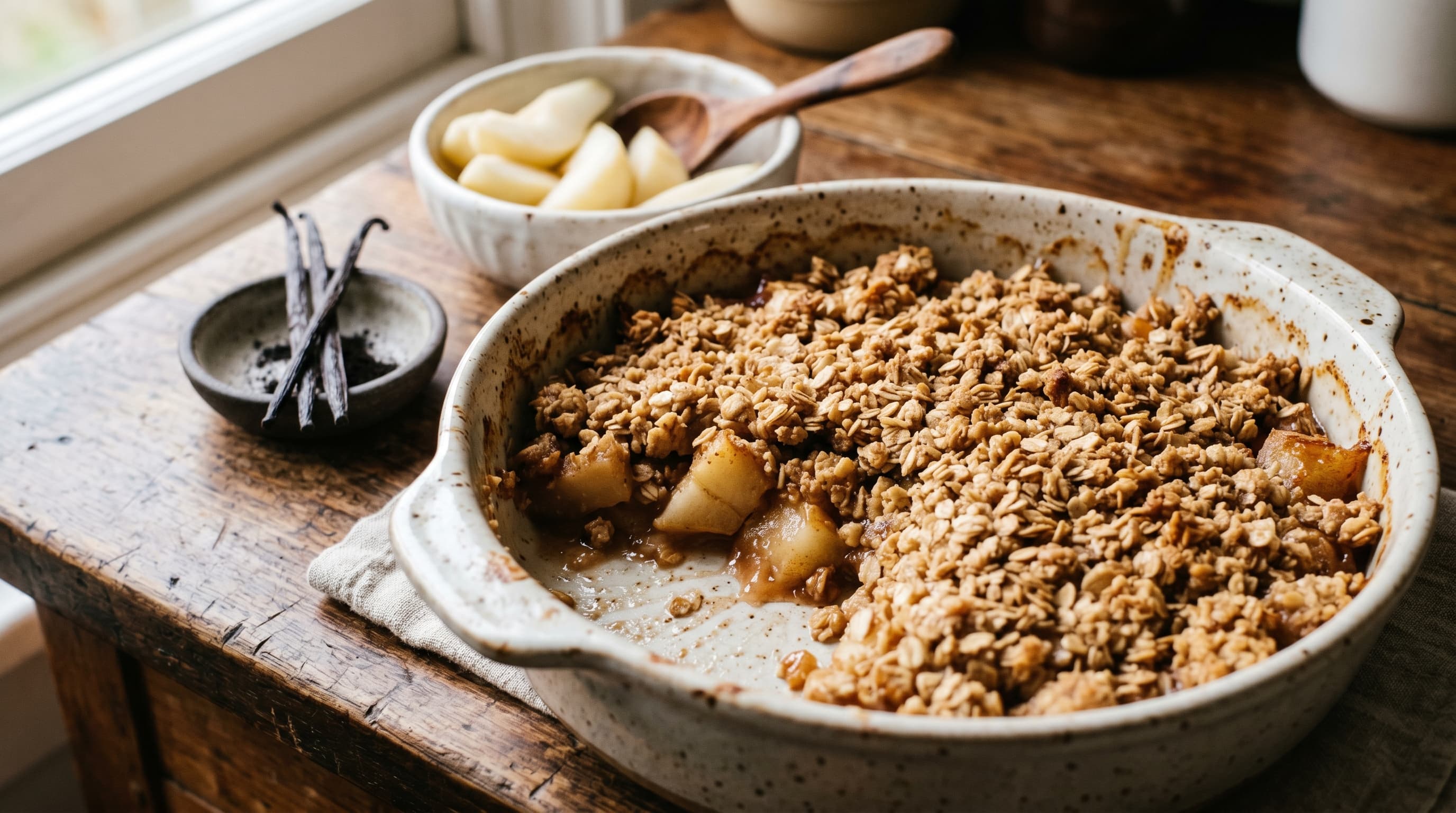Featured image for "Sweet Freedom: Mastering Low Salicylate Baking for Delicious Guilt-Free Treats": A warm, inviting kitchen scene with a freshly baked low salicylate pear crumble cooling on a wood...