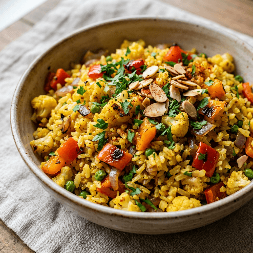 Saffron-Infused Spanish Cauliflower Rice with Roasted Peppers