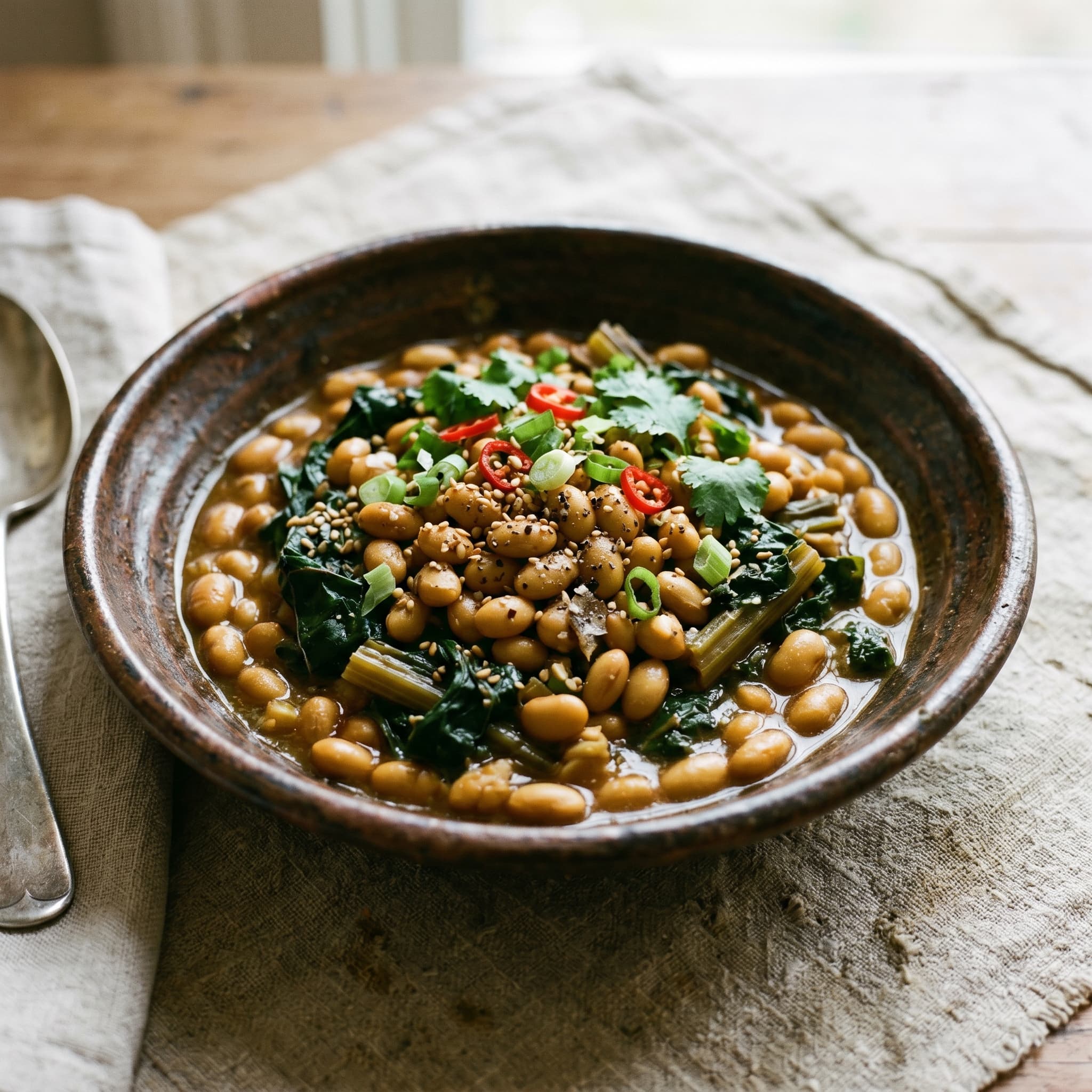 Slow-Simmered Zesty Soybeans with Chard